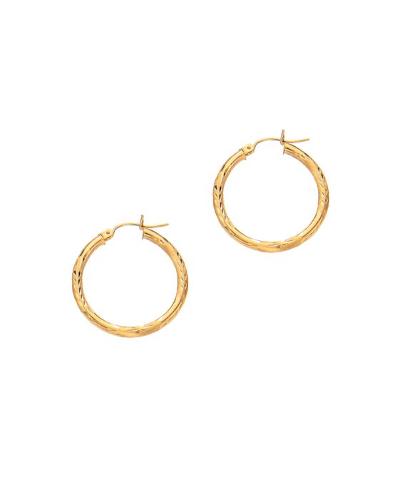 14K Yellow Gold 3mm Diamond Cut &amp; Polished Design Hoop Earring