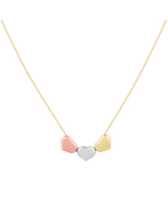14K Gold Tri-Color Triple Heart Necklace