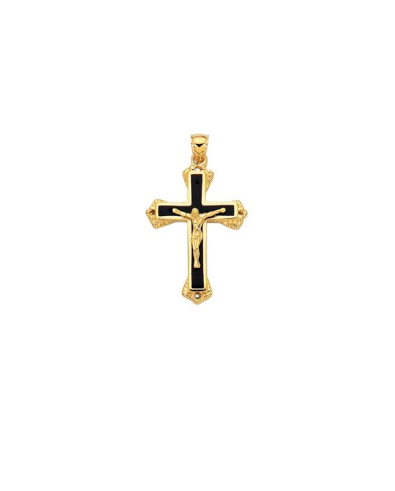 14K Gold Black Enamel Crucifix Cross