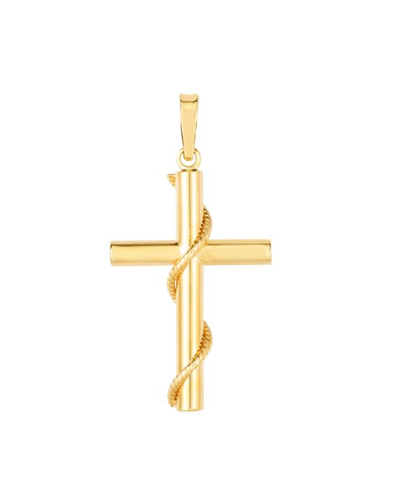 14K Gold Tube Cross with Rope Detail