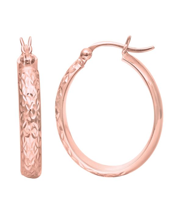 14K Gold Oval Diamond Cut Hoop Earring