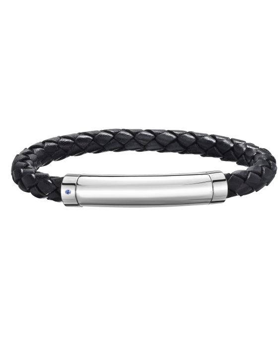 Sterling Silver Men's Leather Bar Bracelet With Blue Sapphire