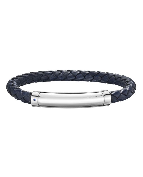 Sterling Silver Men's Leather Bar Bracelet With Blue Sapphire