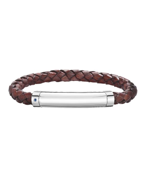 Sterling Silver Men's Leather Bar Bracelet With Blue Sapphire