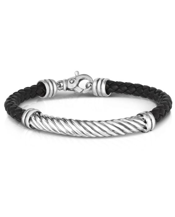 Sterling Silver Men's Twisted Cable Leather Bracelet