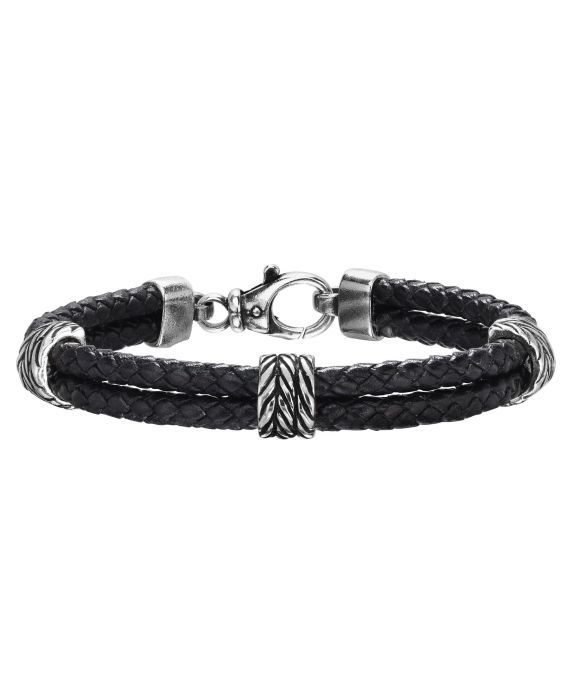Sterling Silver Men's Textured Leather Double Strand Bracelet
