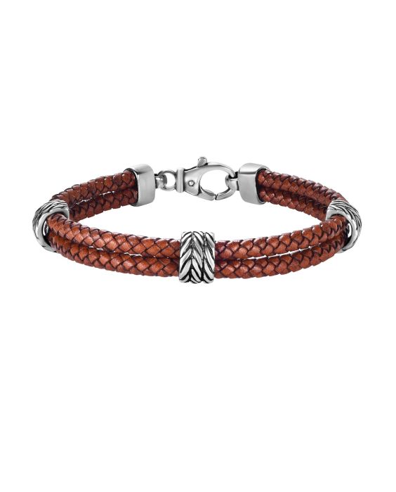 Sterling Silver Men's Textured Leather Double Strand Bracelet