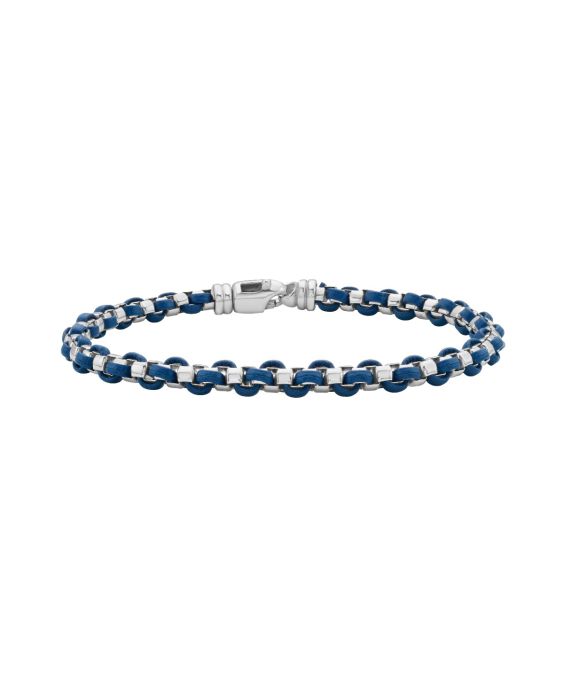 Silver Blue Leather Box Link Bracelet