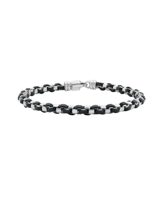 Silver Black Leather Box Link Bracelet