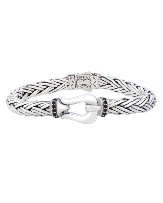 Silver Black Sapphire Woven Palmier Hook Bracelet