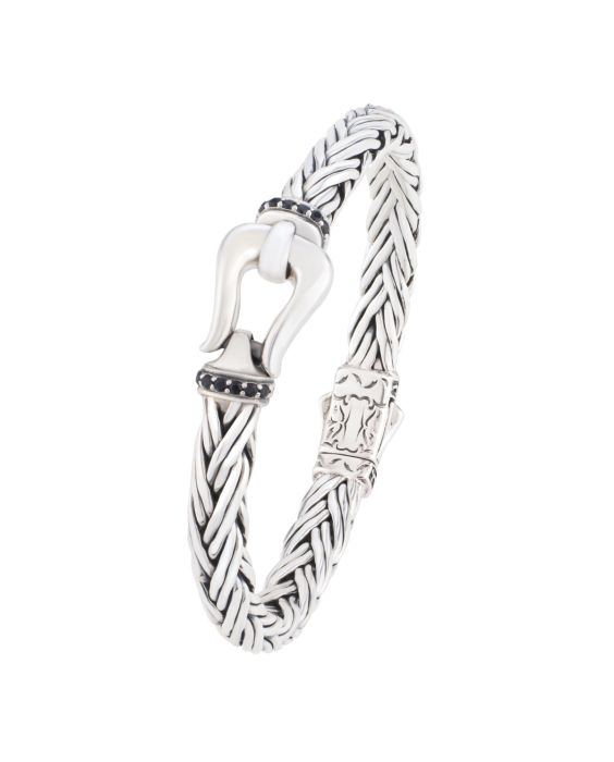 Silver Black Sapphire Woven Palmier Hook Bracelet