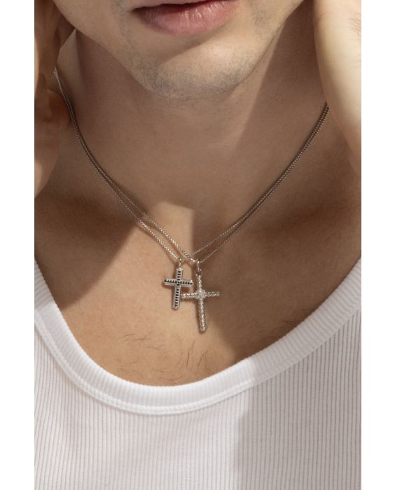 Silver Men's Mini Black Spinel Cross Necklace