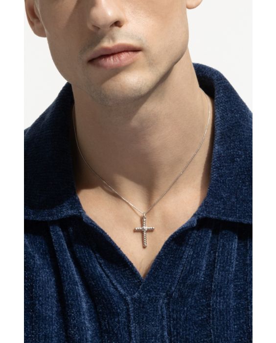 Silver Men's Diamond Twisted Cross Necklace