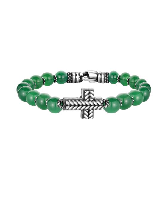 Men's Silver Cross &amp; Green Agate Bead Bracelet