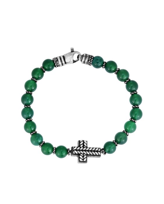Men's Silver Cross &amp; Green Agate Bead Bracelet