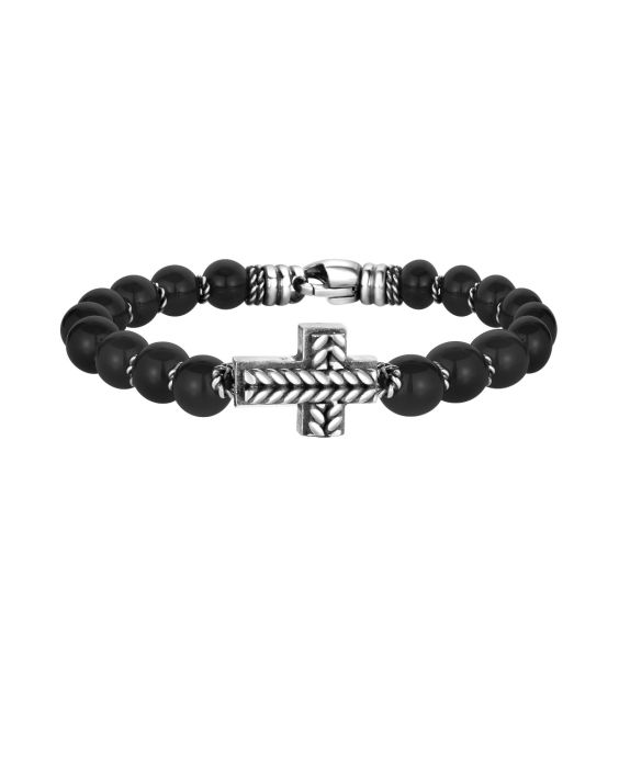 Men's Silver Cross &amp; Onyx Bead Bracelet