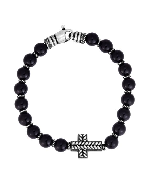 Men's Silver Cross &amp; Onyx Bead Bracelet