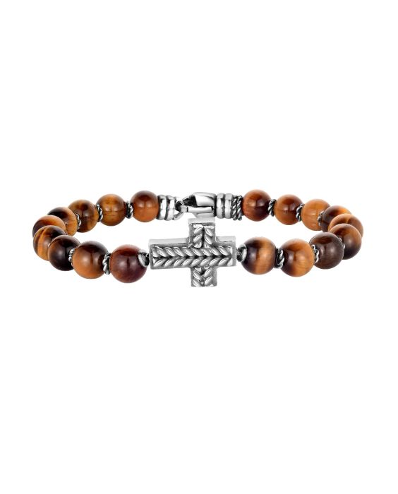 Men's Silver Cross &amp; Tiger's Eye Bead Bracelet