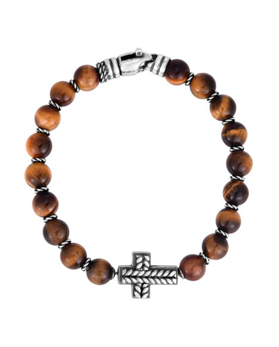 Men's Silver Cross &amp; Tiger's Eye Bead Bracelet