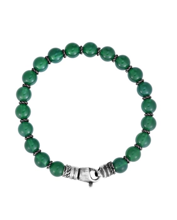 Men's Silver &amp; Green Agate Bead Bracelet