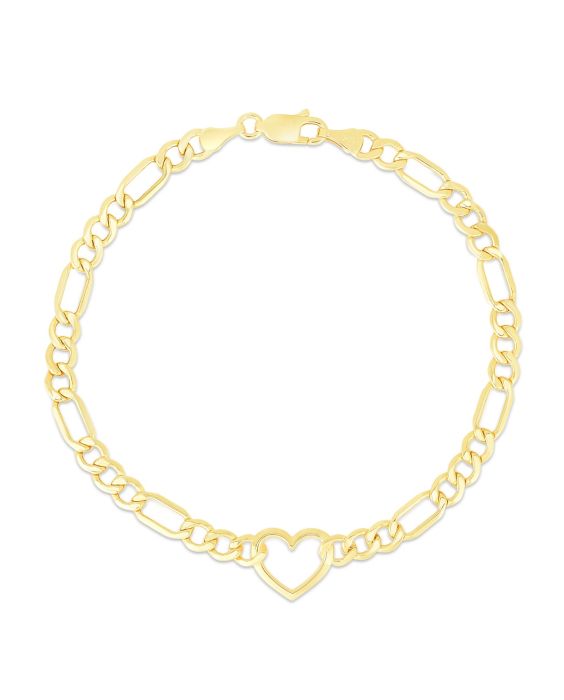 10K Heart Figaro Chain Bracelet