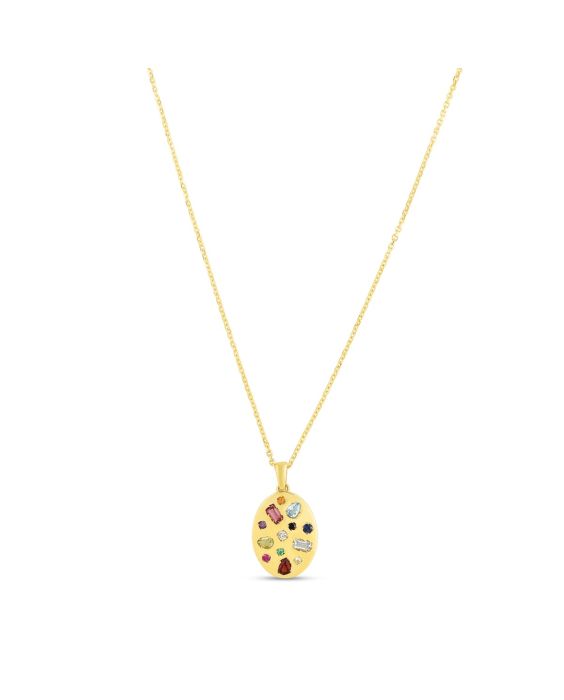 14K Gold Gemstone Inlay Oval Necklace