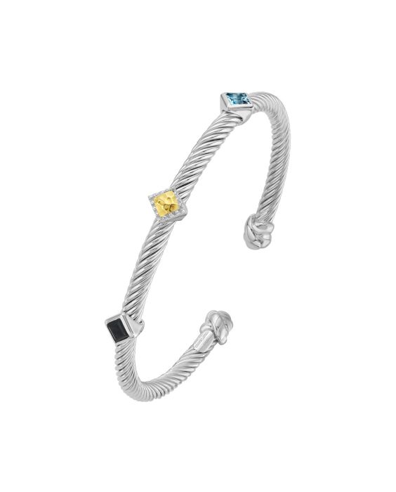 Silver &amp; 18K Triple Accent Twist Cuff Bangle