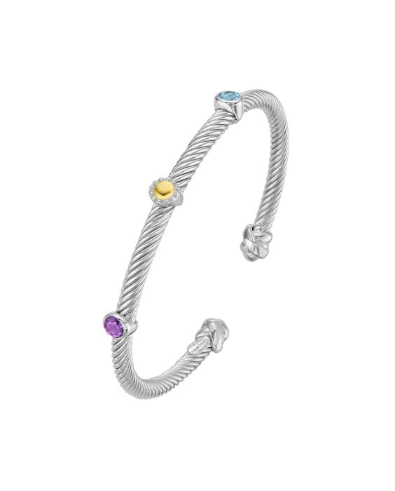 Silver &amp; 18K Triple Accent Twist Cuff Bangle