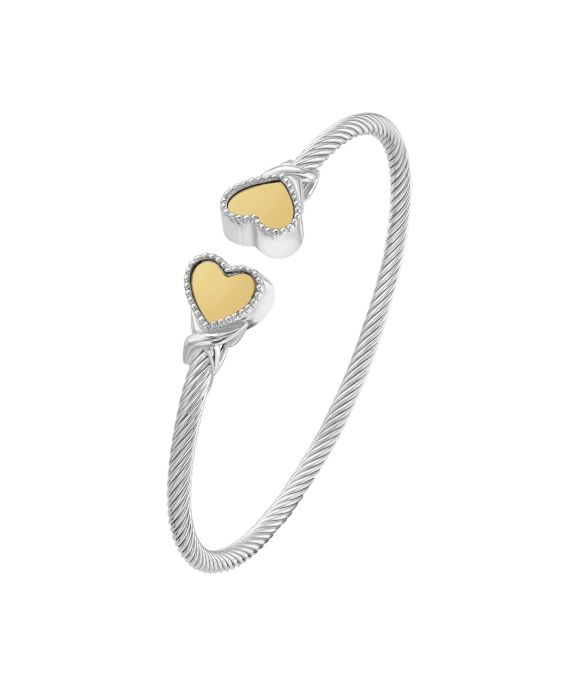 Silver &amp; 18K Polished Heart Cuff Bangle