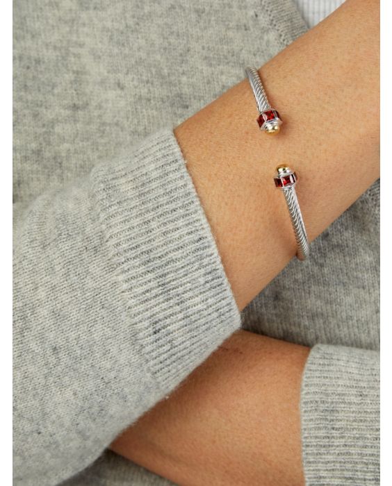 Silver & 18K Garnet Retro Italian Cable Bangle