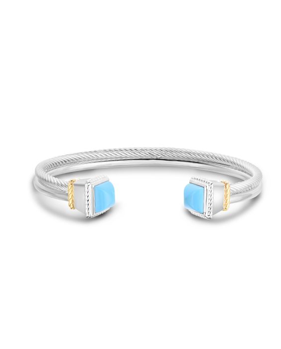 18K Gold &amp; Silver Reconstituted Turquoise Double Strand Italian Cable Cuff Bangle 