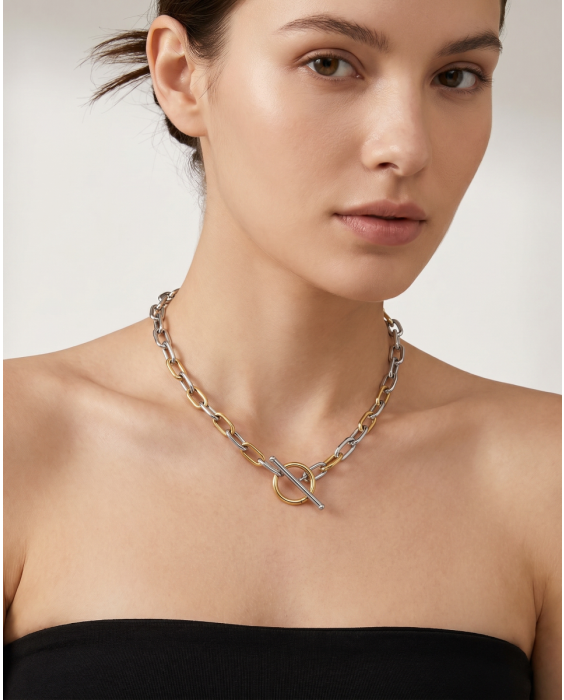 Silver & 18k Gold LUCIDA Oval Link T-Bar Necklace