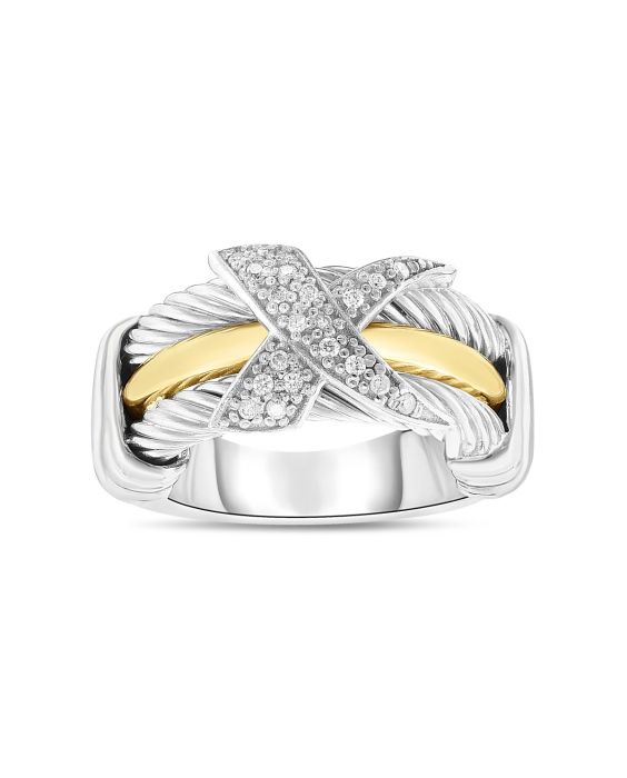Triple Row Diamond X Ring in Silver & 18K Gold