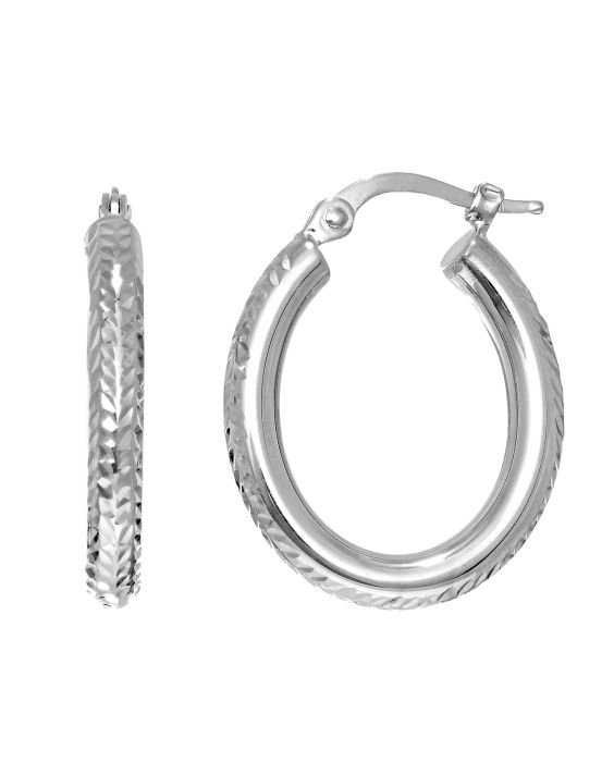 14K Gold Hinged Oval Diamond Cut Hoop Earring