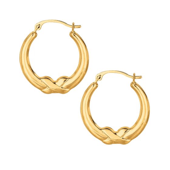 10K Gold Polished X Detail Hoop Earring