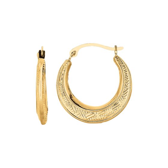 10K Gold Diamond Cut Etched Pattern Hoop Earring