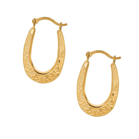 10K Gold Oval Scroll Pattern Hoop Earring