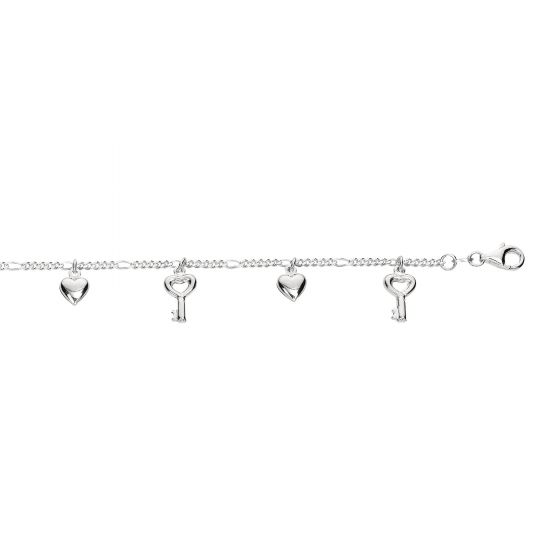 Silver Dangle Key and Hearts Anklet