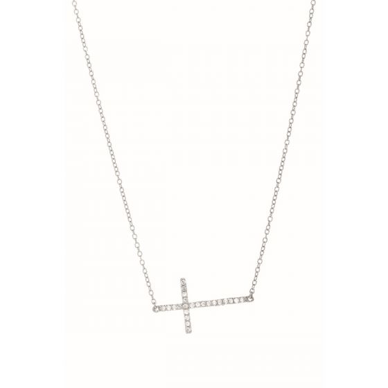 Silver CZ Side Cross Necklace