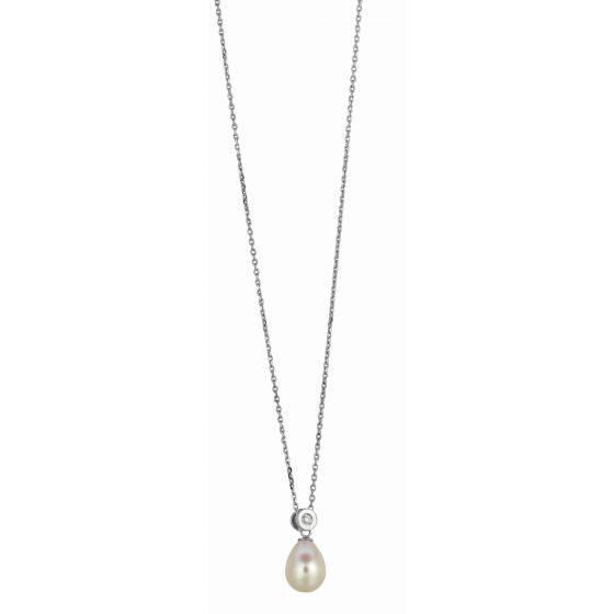 Silver Pearl and Bezel Set CZ Necklace