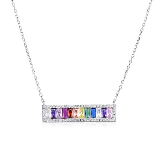 Silver Rainbow CZ Baguette Bar Necklace