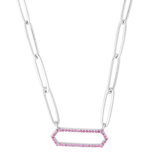 Silver Pink CZ Paperclip Necklace