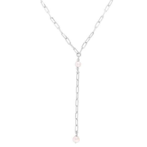 Silver Pearl Paperclip Lariat Necklace