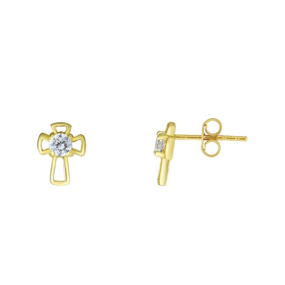 14K Gold CZ Cross Stud Earring