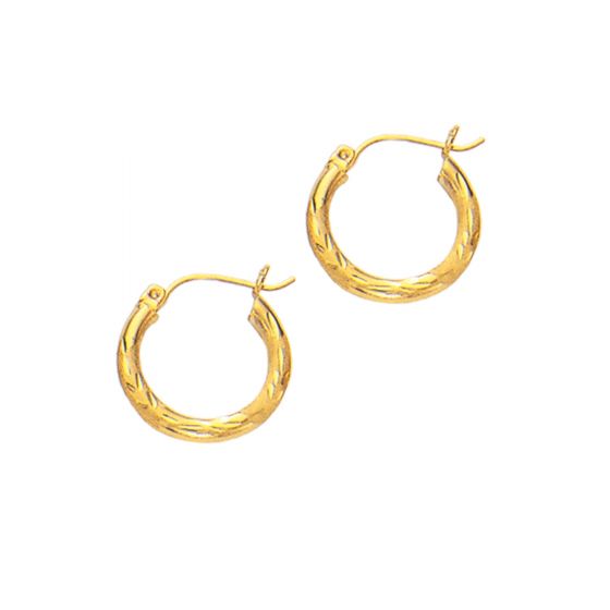 14K Yellow Gold 3mm Diamond Cut & Polished Design Hoop Earring
