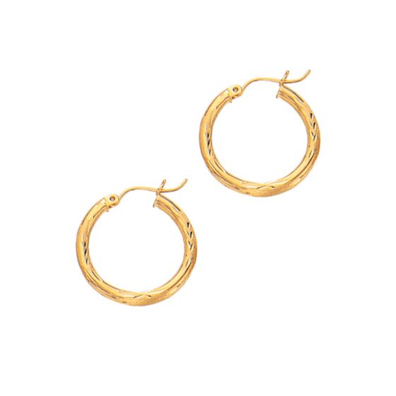 14K Yellow Gold Diamond Cut & Polished Design Hoop Earring