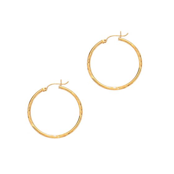 14K Yellow Gold 2x30mm Diamond Cut & Polished Design Hoop Earring