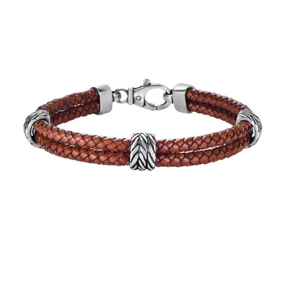 Sterling Silver Men's Textured Leather Double Strand Bracelet