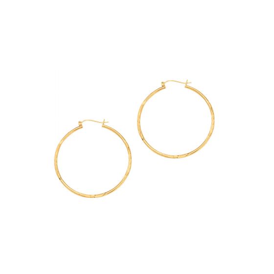 14K Yellow Gold 2mm Diamond Cut & Polished Design Hoop Earring
