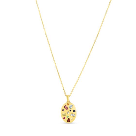 14K Gold Gemstone Inlay Oval Necklace